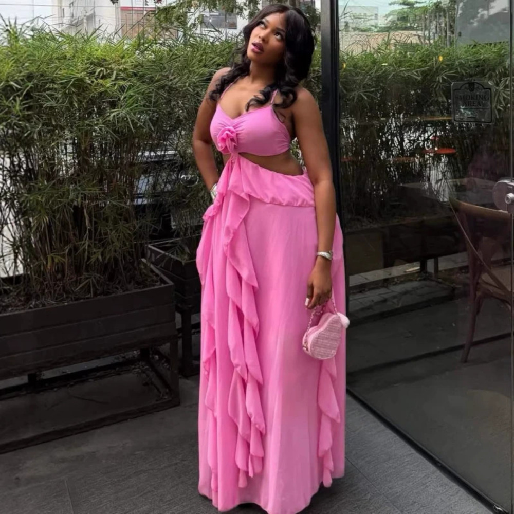 Elegant Sexy Strapless Waist Cutout Ruffled Solid African Fashion Maxi Dress